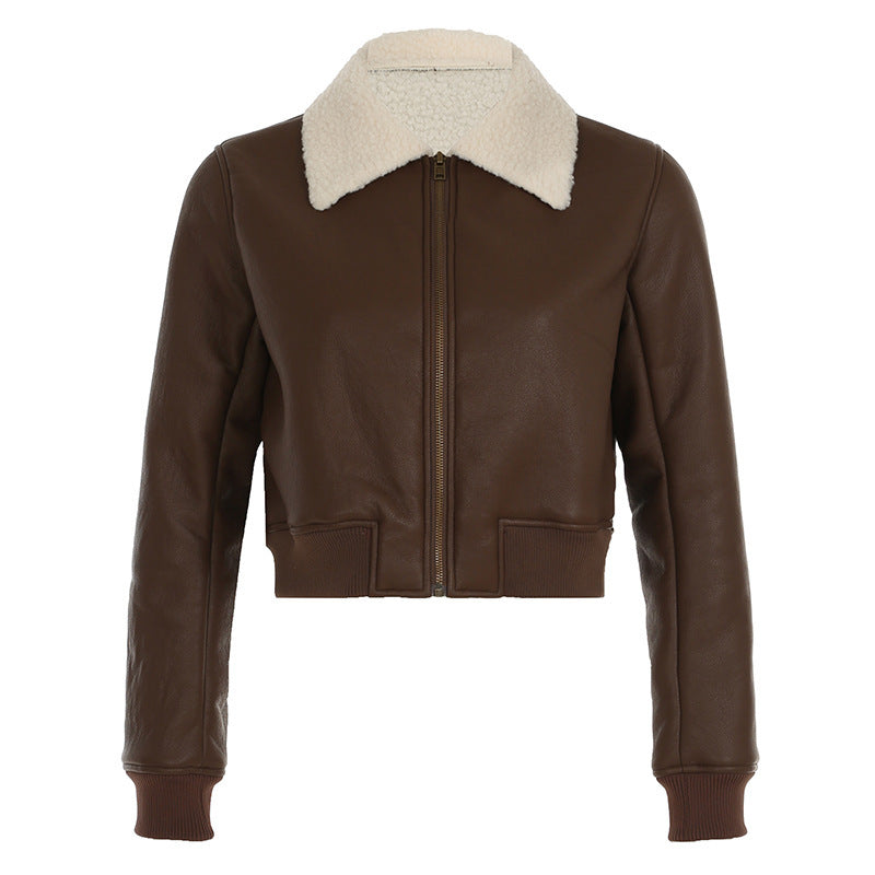 Solid faux leather jacket with knitted fur collar and zipper in basic street fashion style