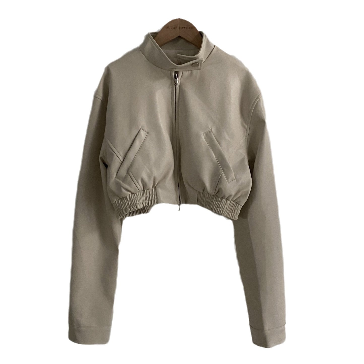 French retro design biker leather jacket for women with zip, stand collar, elastic waist and short cut
