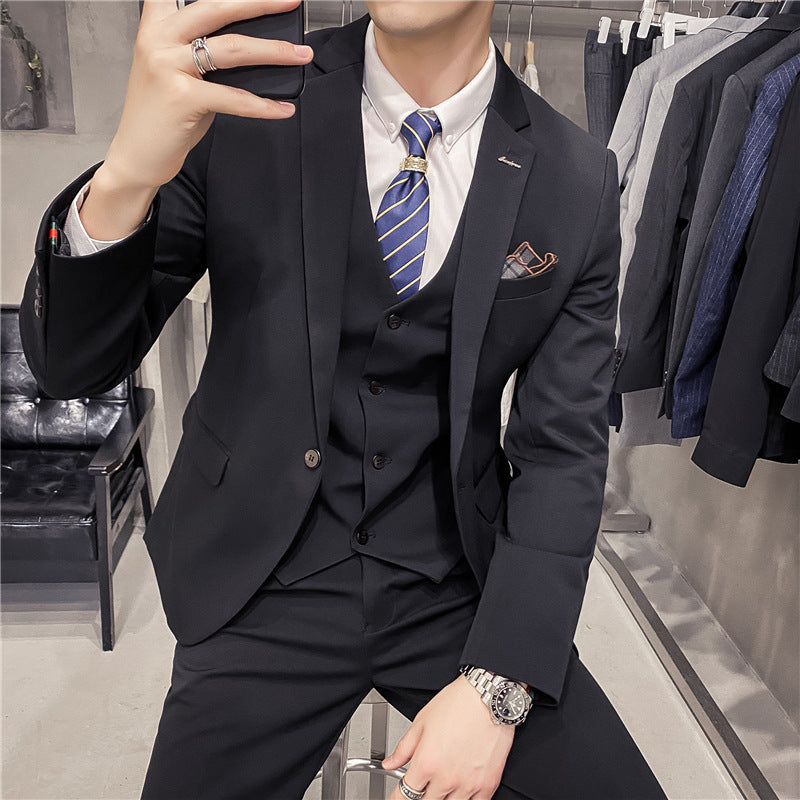 Slim Fit Solid Color One-Button Business Three-Piece Suit