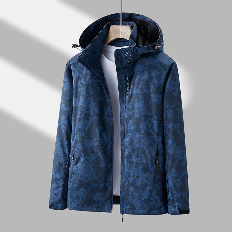 Printed Hooded Windbreaker, Unisex Fashion Solid Color Zipper Jacket Waterproof Windproof Outdoor Clothing for Women Men