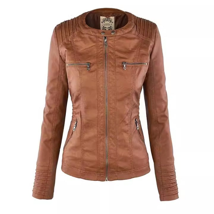 Damen-Lederjacke mit abnehmbarem Revers, langen Ärmeln und Reißverschluss