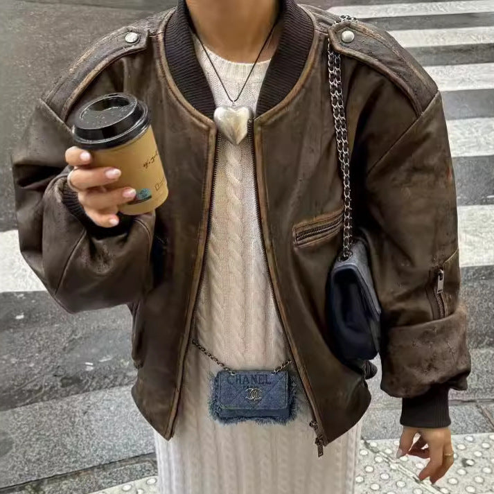 Retro leather jacket in used look – street style short jacket for women in American style