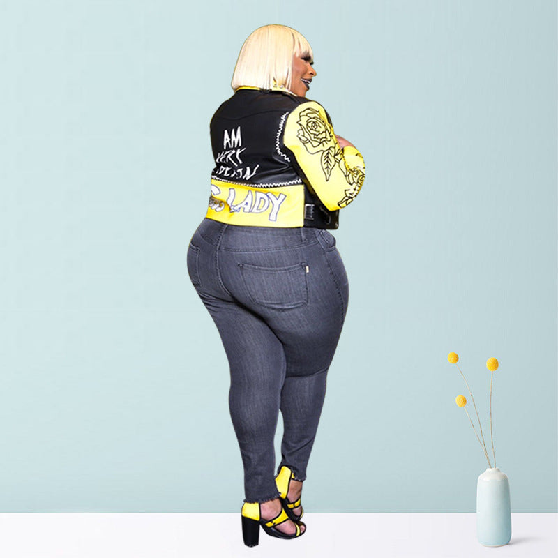 Letter printed, street-ready motorcycle clothing, plus sizes, women's leather clothing