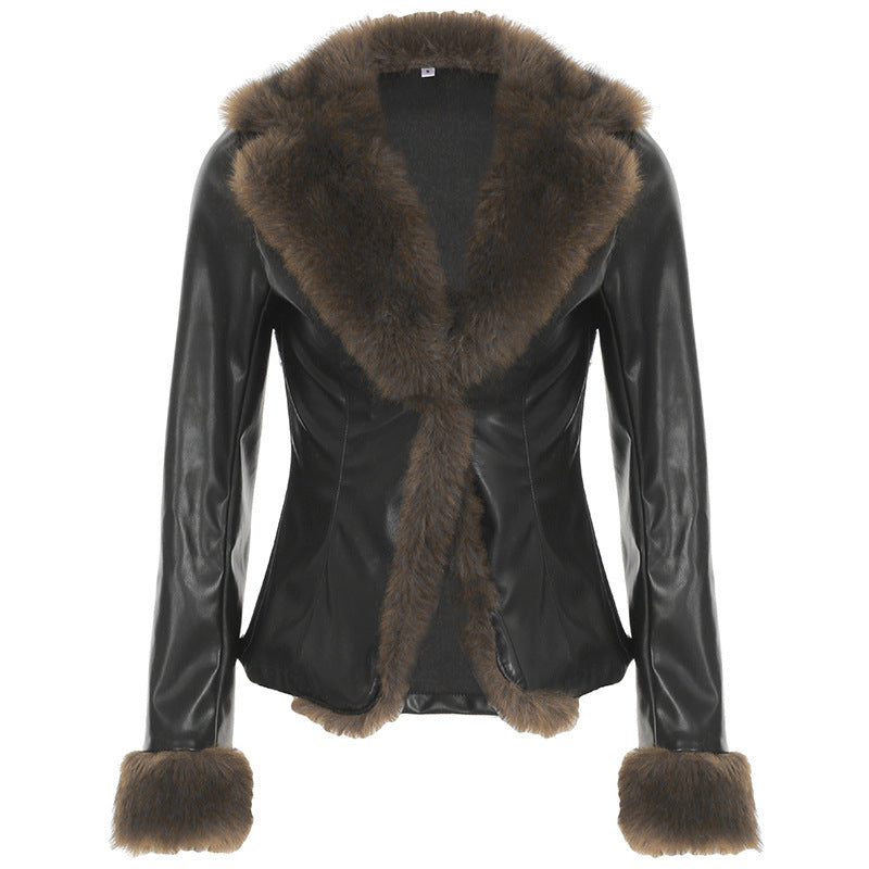 Damen-Lederjacke mit abnehmbarem Revers, langen Ärmeln und Reißverschluss