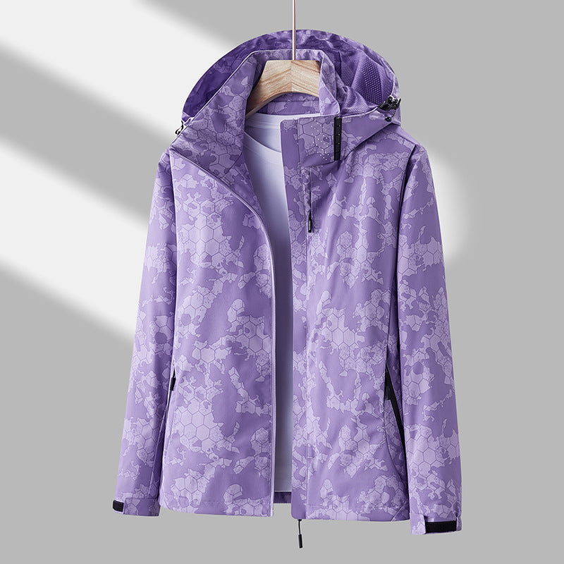 Printed Hooded Windbreaker, Unisex Fashion Solid Color Zipper Jacket Waterproof Windproof Outdoor Clothing for Women Men
