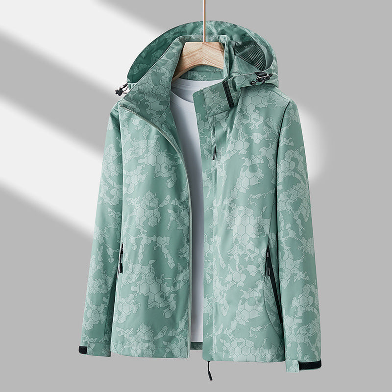 Printed Hooded Windbreaker, Unisex Fashion Solid Color Zipper Jacket Waterproof Windproof Outdoor Clothing for Women Men