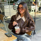 Solid faux leather jacket with knitted fur collar and zipper in basic street fashion style