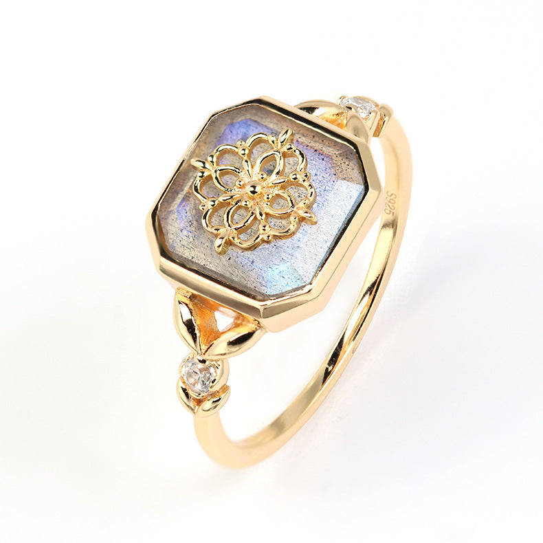 Anillo de plata S925 con baño de oro K y labradorita natural - diseño vintage para mujer
