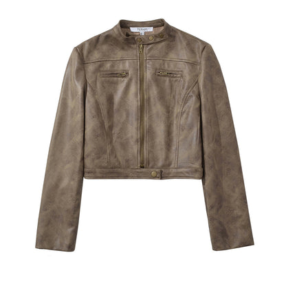 Retro short jacket for women with a narrow stand-up collar made of faux suede