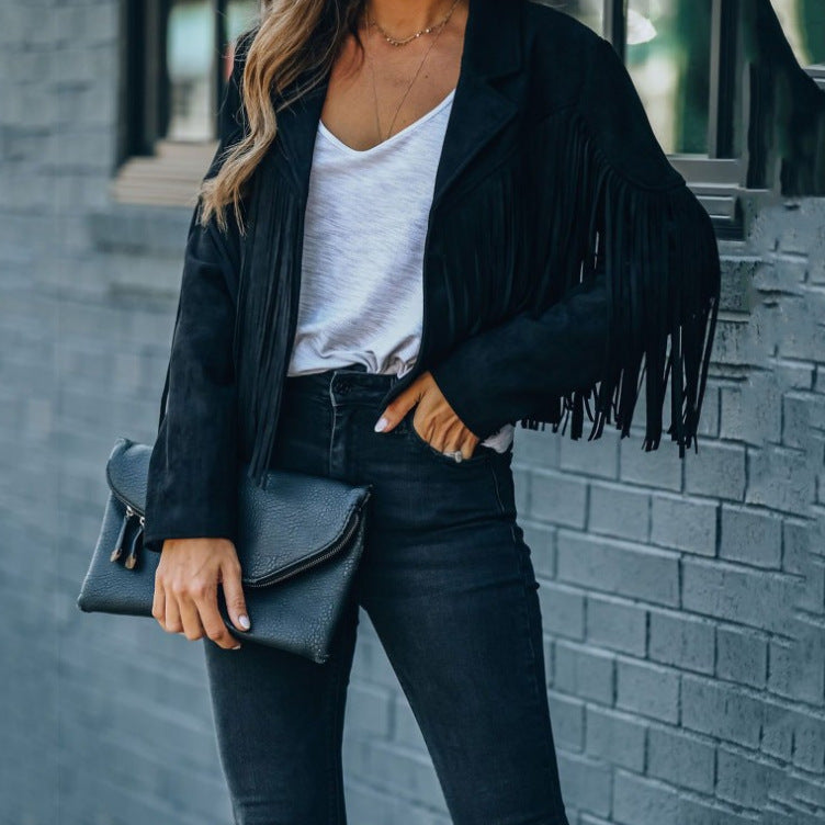 Damen-Slim-Fit-Langarm-Fransenmantel