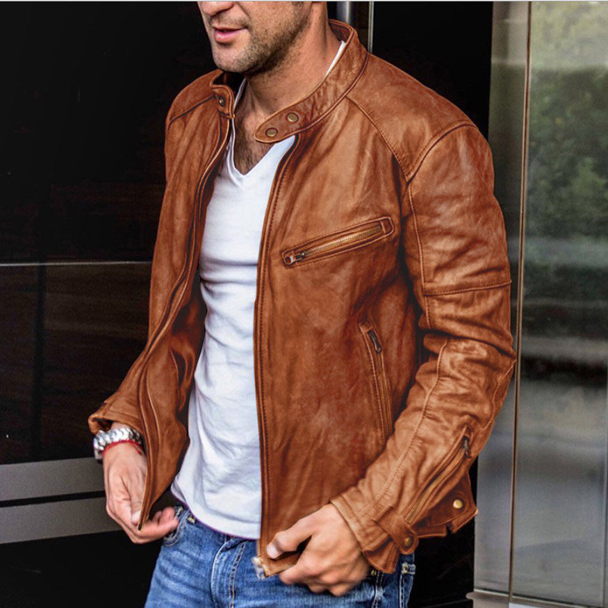 Punk-inspirierte Herren-Lederjacke mit Stehkragen – Perfekt für Herbst und Frühling