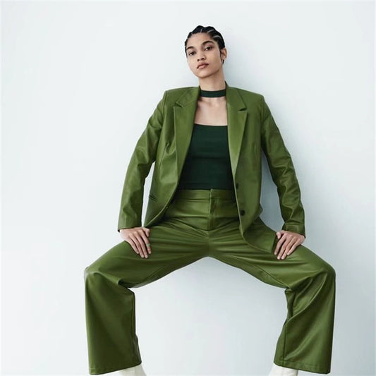 Damen-Casual-Lose-Passform-Anzughosen aus Kunstleder