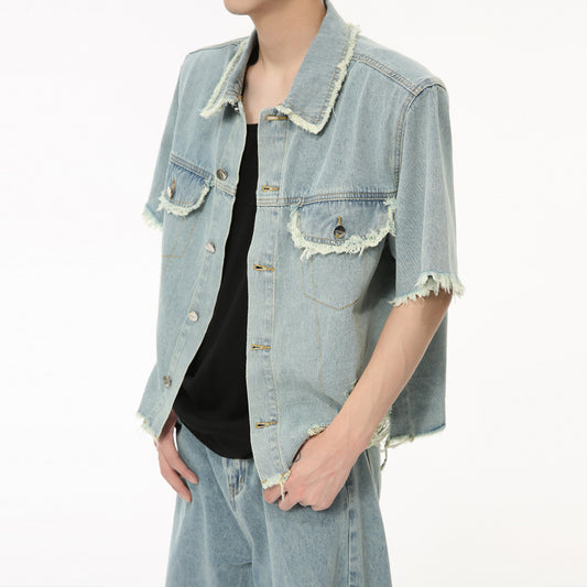 American Pu Shuai Burrs Tassels Broken Hole Design Denim Suit