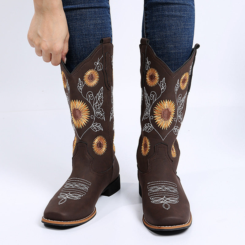 Women's Cowboy Boots - Embroidered Western Boots with Sunflower Design