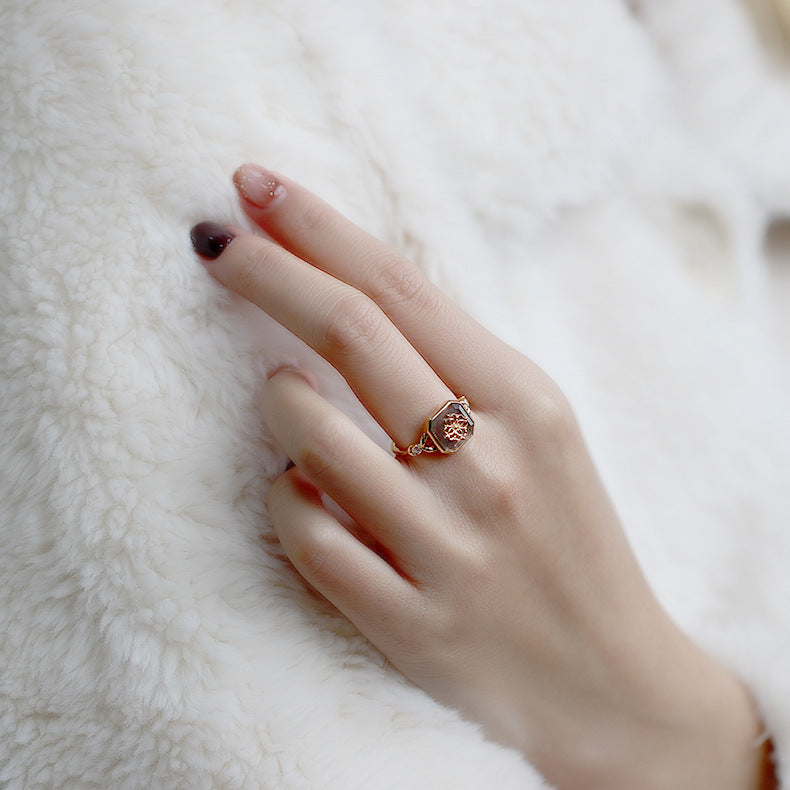 Anillo de plata S925 con baño de oro K y labradorita natural - diseño vintage para mujer