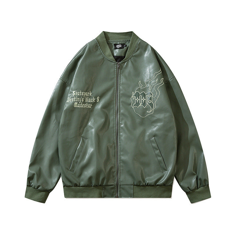 PU Faux Leather Loose Baseball Jacket for Men and Women