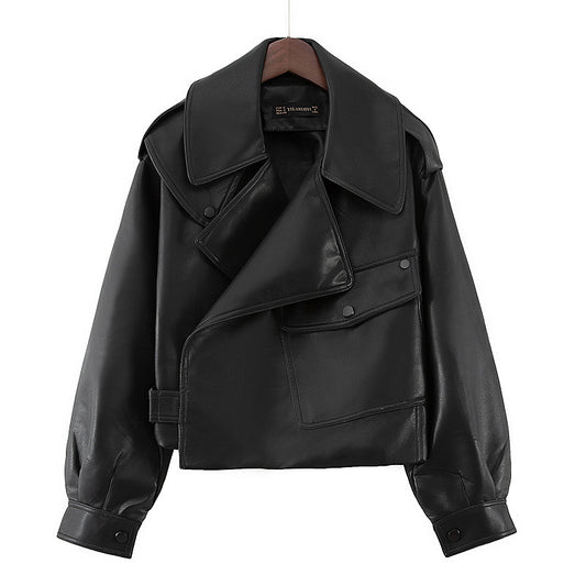 Casual short leather motorcycle jacket for women - Stylish street look in Korean style