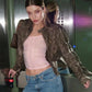 Retro short jacket for women with a narrow stand-up collar made of faux suede