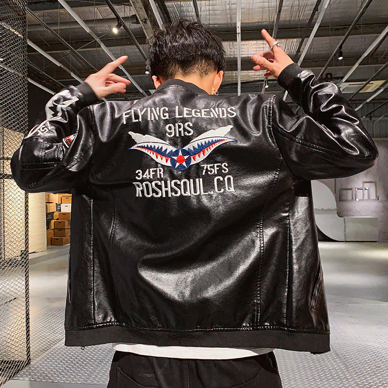 Men's Motorcycle Leather Jacket, Embroidered Leather Jacket