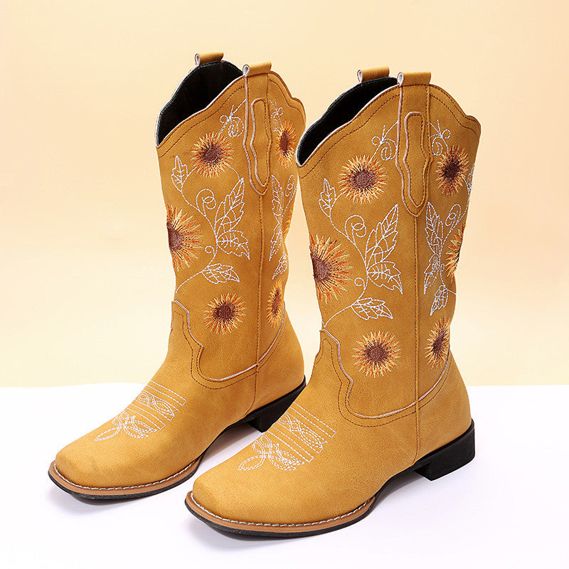 Women's Cowboy Boots - Embroidered Western Boots with Sunflower Design