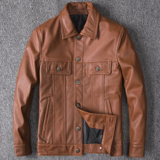 Chaqueta de cuero con solapa de un solo pecho para hombre de capa superior de cuero de vaca