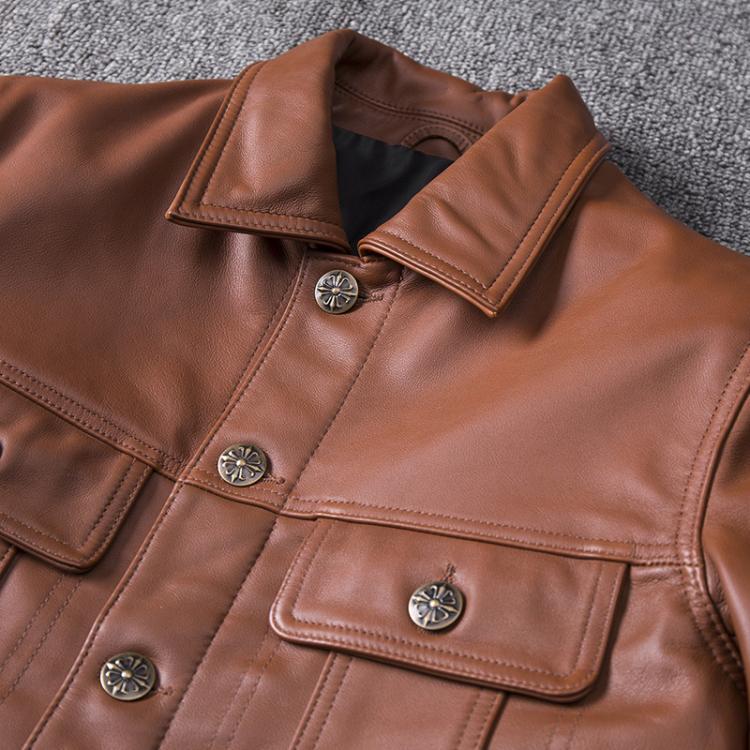 Top Layer Cowhide Leather Single-Breasted Men's Lapel Jacket Leather Jacket