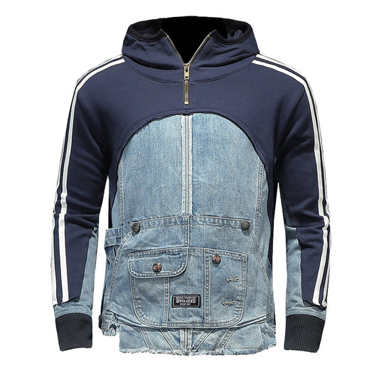 Trendy high-street sweater with denim details and multiple pockets