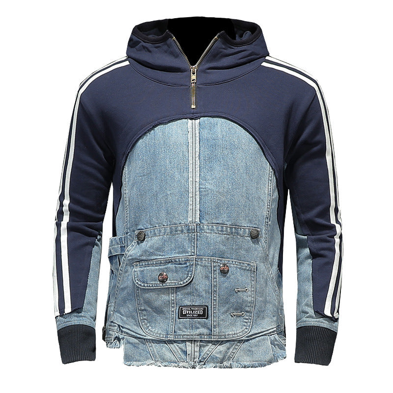 Trendy high-street sweater with denim details and multiple pockets