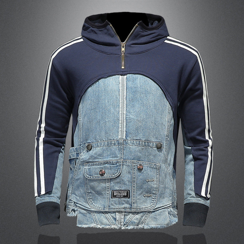 Trendy high-street sweater with denim details and multiple pockets