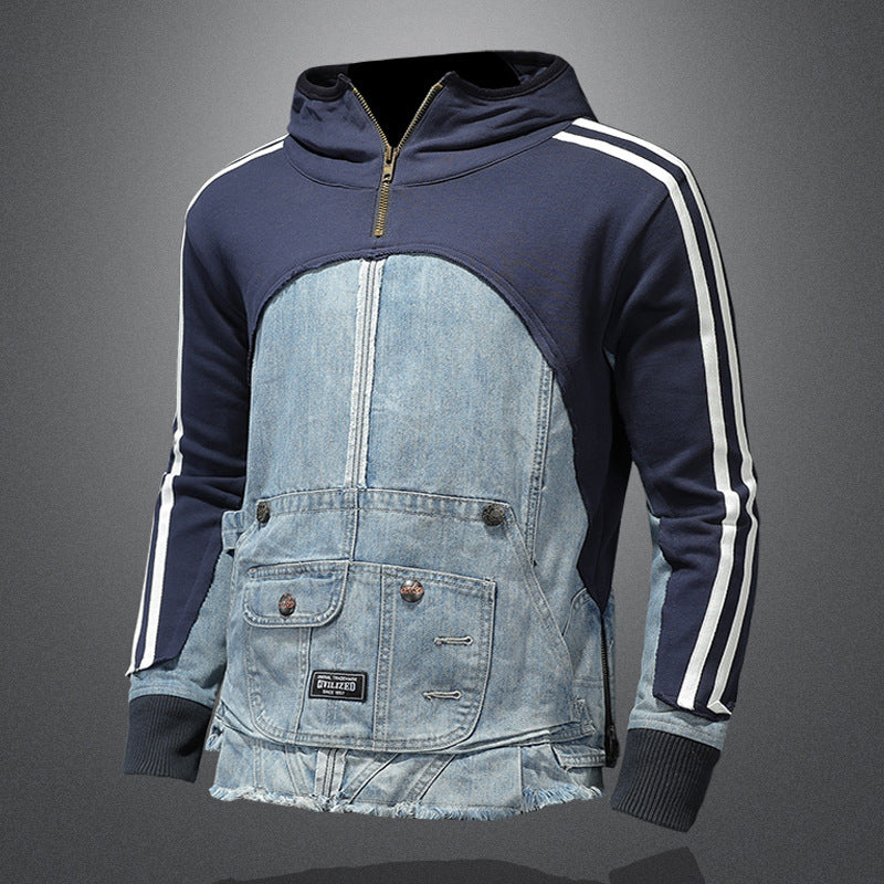 Trendy high-street sweater with denim details and multiple pockets