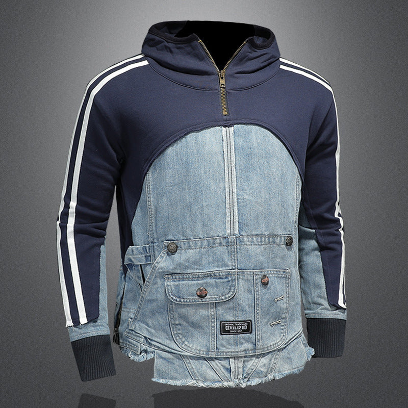 Trendy high-street sweater with denim details and multiple pockets