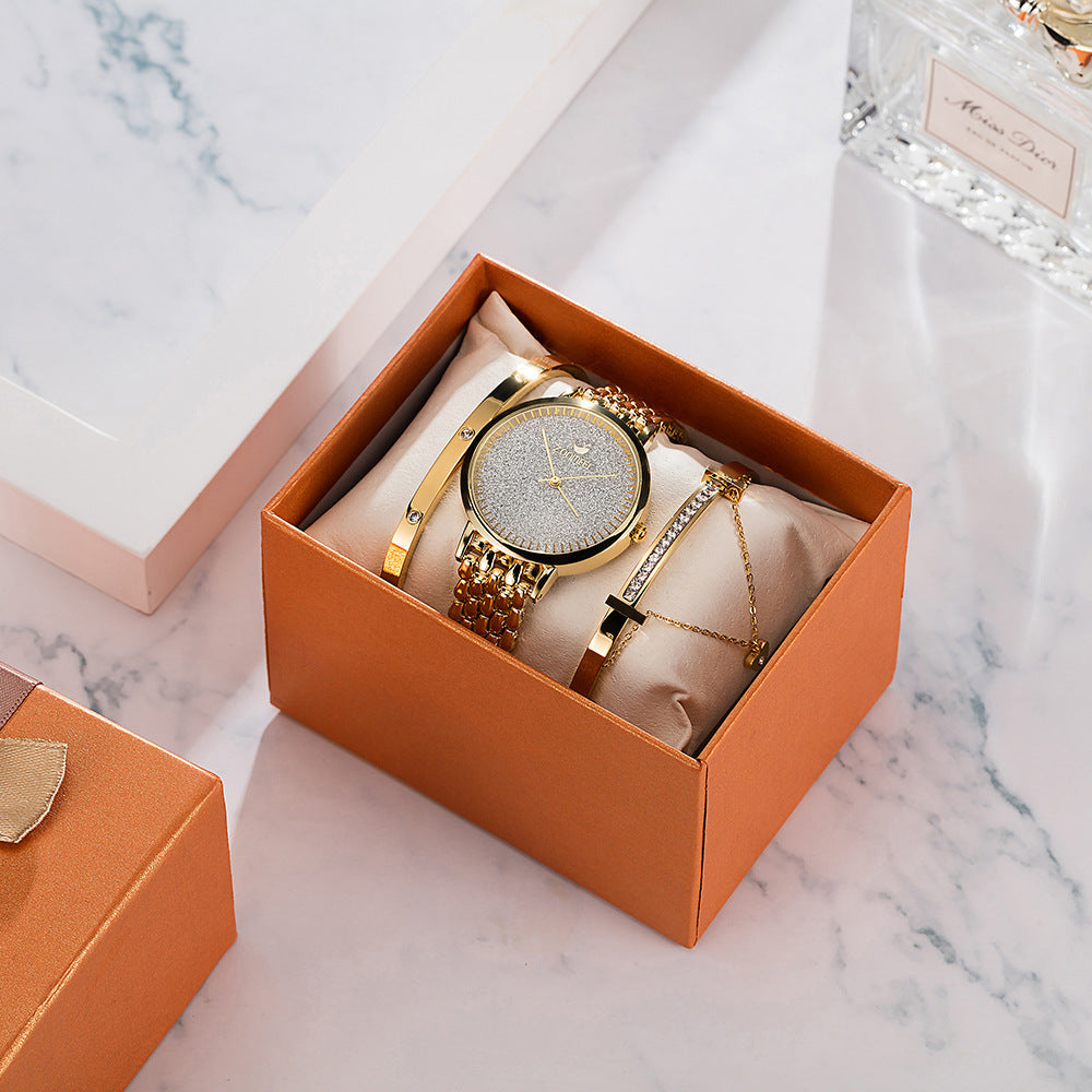 Marke Exquisite Mattierte Sternenhimmel Stahlbanduhr mit Diamant Hypoallergenem Armband Kombinationsuhr