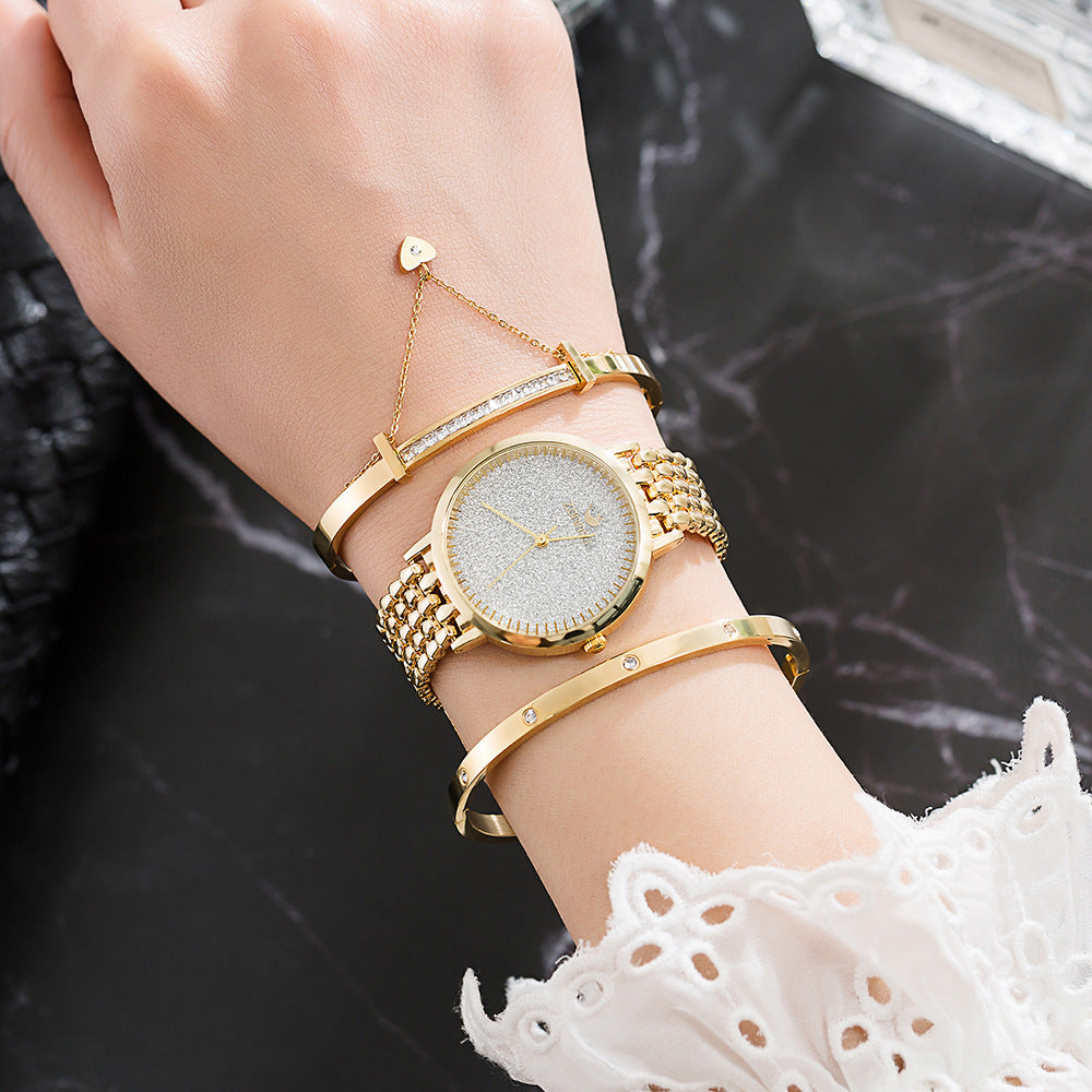 Marke Exquisite Mattierte Sternenhimmel Stahlbanduhr mit Diamant Hypoallergenem Armband Kombinationsuhr