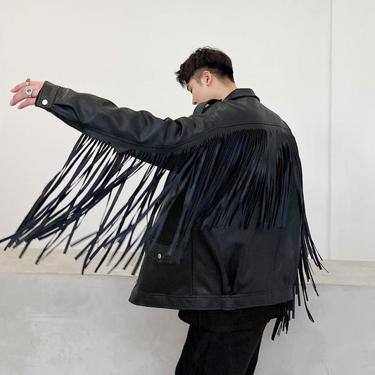 Men's autumn and winter leather jacket with fringes, niche motorcycle jacket, plus cotton