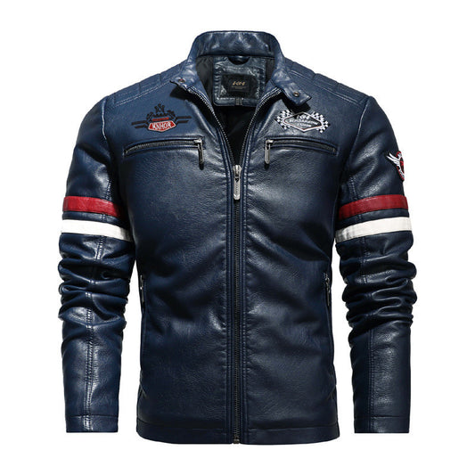 Leather jacket with embroidered color block elements in biker style