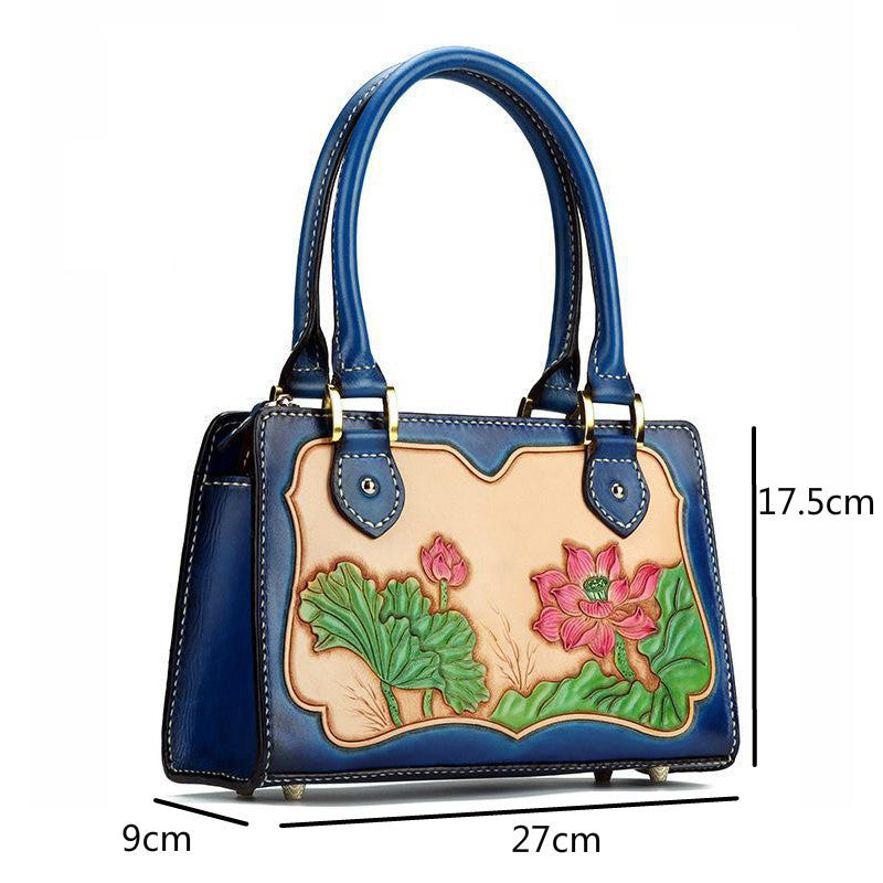 Luxuriöse Damen-Lederhandtasche – Retro-Tote im nationalen Stil