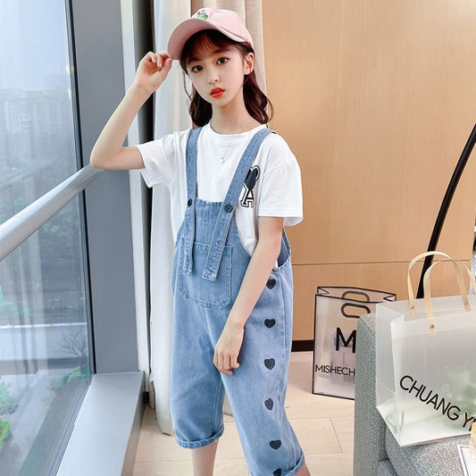 Trendy Cotton T-Shirt and Denim Dungarees Set for Girls – Two Piece Kids Suit