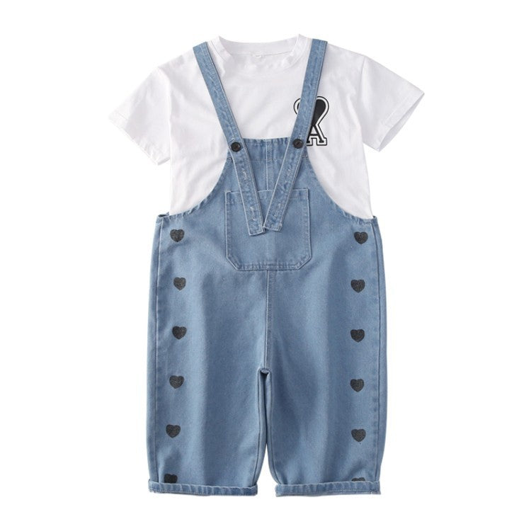 Trendy Baumwoll-T-Shirt und Denim-Latzhosen-Set für Mädchen – Zweiteiliger Kinderanzug