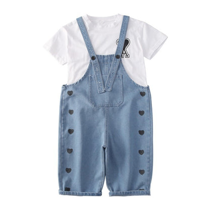 Trendy Baumwoll-T-Shirt und Denim-Latzhosen-Set für Mädchen – Zweiteiliger Kinderanzug