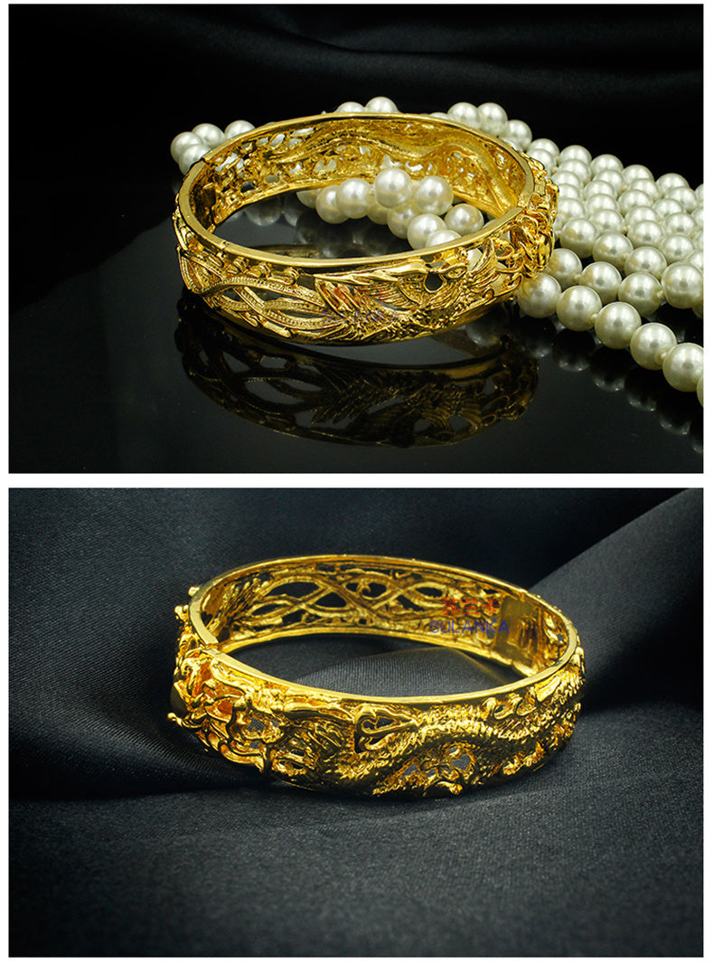 Gold-plated bracelet with dragon and phoenix design - elegance for weddings and special occasions 