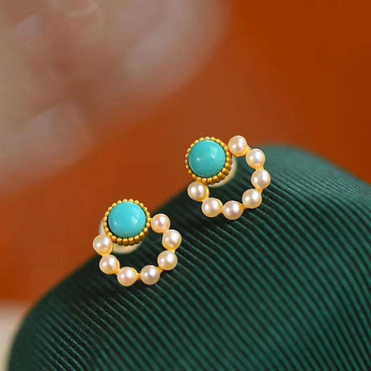 Turquoise Stud Earrings Pearl Circle Stud Earrings
