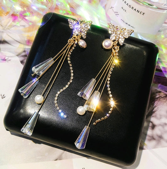 925 Silver Needle Super Fairy Crystal Stud Earrings with Butterfly Temperament and Long Tassels