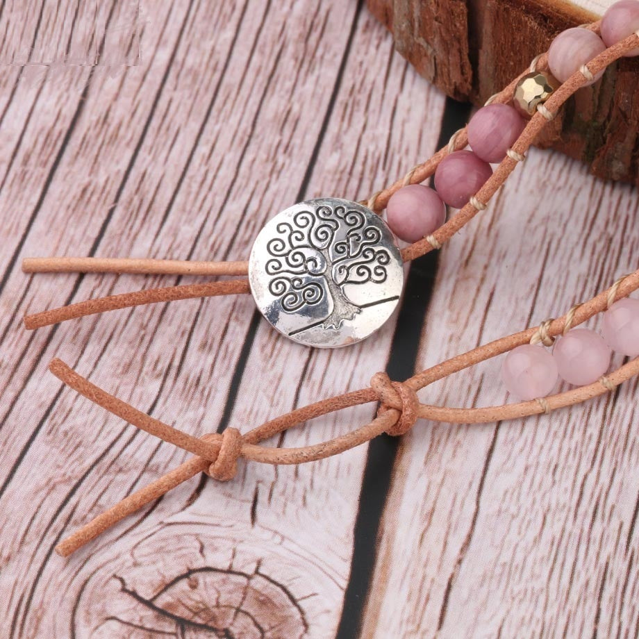 Pulsera Wrap de Cuarzo Rosa – Estilo Boho con Piedra Natural