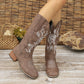 Women's Cowboy Boots - Mid-Calf Western Boots with Floral Embroidery and Block Heel