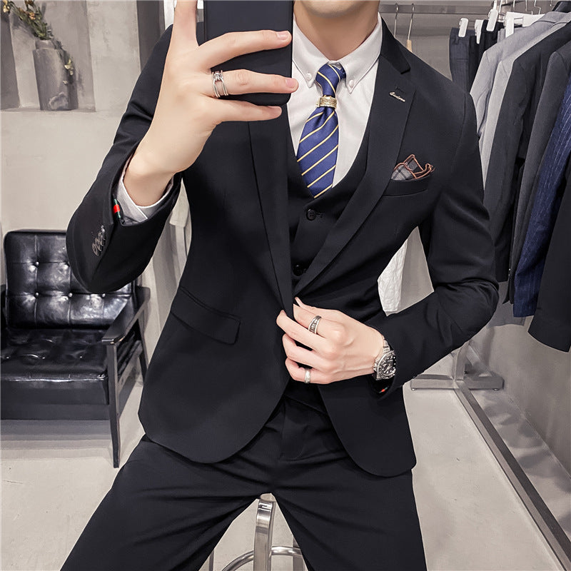 Slim Fit Solid Color One-Button Business Three-Piece Suit
