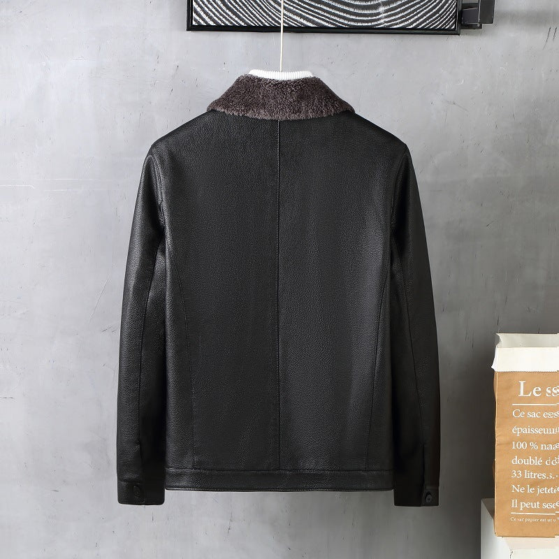Men's leather jacket with lapels and fleece lining