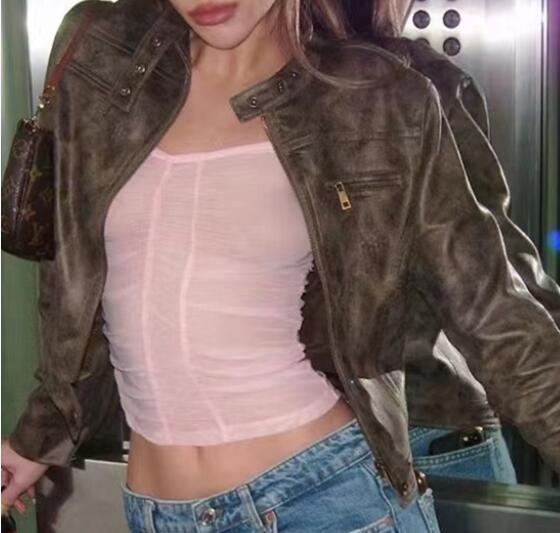 Retro short jacket for women with a narrow stand-up collar made of faux suede