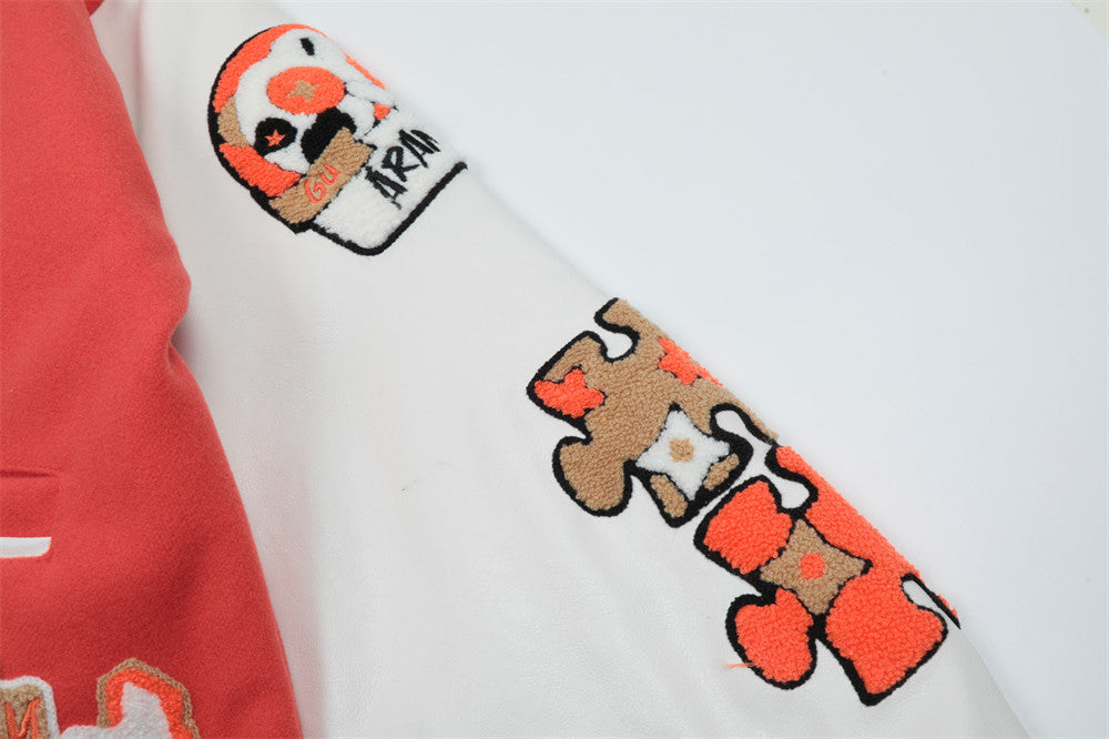 Baseballjacke für Herren mit Cartoon-Stickerei, Kontrastfarben und dicker Steppung
