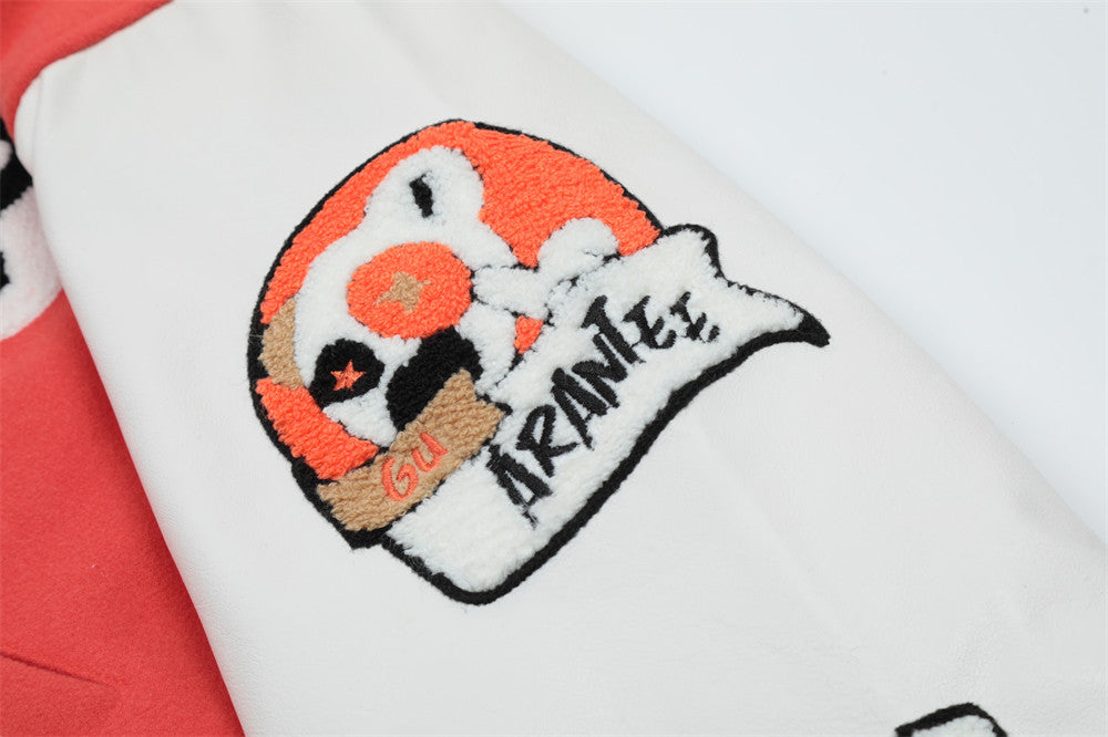 Baseballjacke für Herren mit Cartoon-Stickerei, Kontrastfarben und dicker Steppung