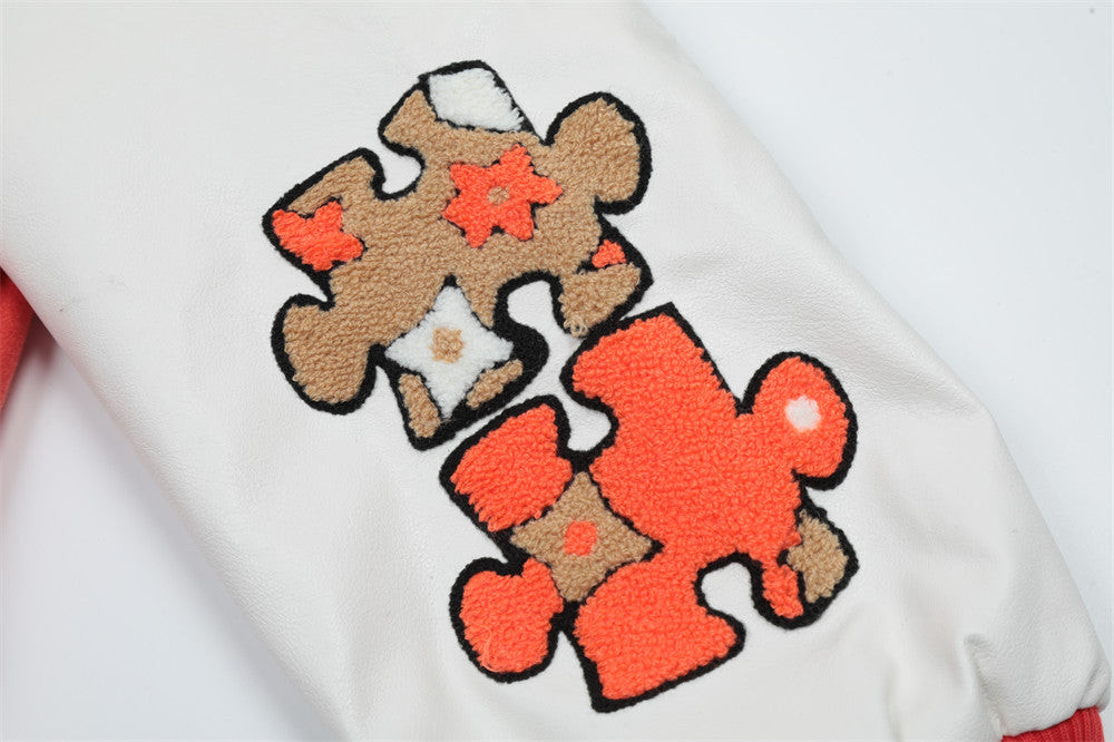 Baseballjacke für Herren mit Cartoon-Stickerei, Kontrastfarben und dicker Steppung